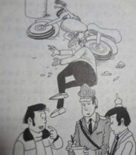 一个骑摩托车的人摔伤了躺在车后面,两个青年谁说的是真话?